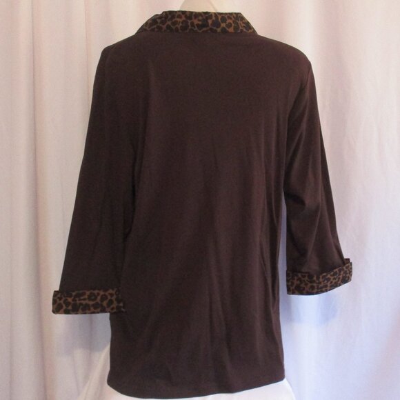 Catherines Shirt 1X Brown Leopard Animal Print Trim Long Sleeve Top - Picture 2 of 8